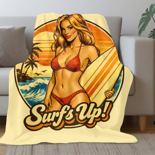 Surf's Up Bikini Pin-Up | Retro Surf Shop Graphic フリースブランケット