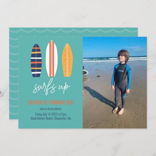 Surfs Up BOYサーフボードビーチ誕生日パーティー写真 招待状 (正面/裏面)
