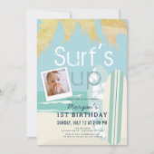 Surf's Up Boy Surfboardsビーチ写真1st誕生日 招待状 (正面)