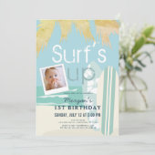 Surf's Up Boy Surfboardsビーチ写真1st誕生日 招待状 (スタンド正面)