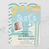 Surf's Up Boy Surfboardsビーチ写真1st誕生日 招待状 (正面/裏面)