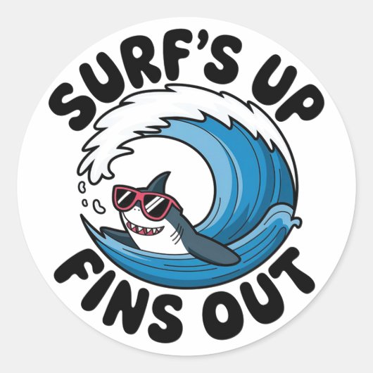 Surf's Up, Fins Out - クールサーフィンデザイン ラウンドシール (正面)