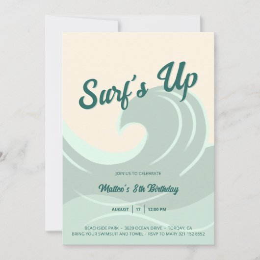 Surf's Up - Kids Birthday Party Invitation Beach 招待状 (正面)