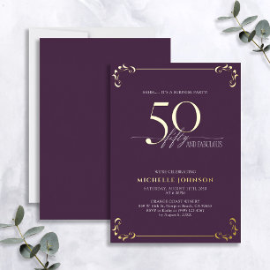Surprise 50 & Fabulous Purple & Gold Birthday 箔招待状