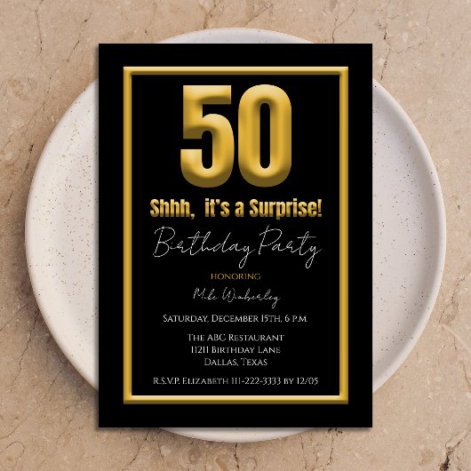 Surprise 50th Birthday Party Gold and Black 50 招待状