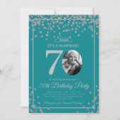 SURPRISE 70th Birthday Silver Confetti Turquoise  招待状 (正面)