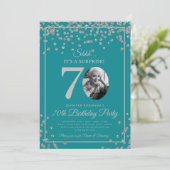 SURPRISE 70th Birthday Silver Confetti Turquoise  招待状 (スタンド正面)