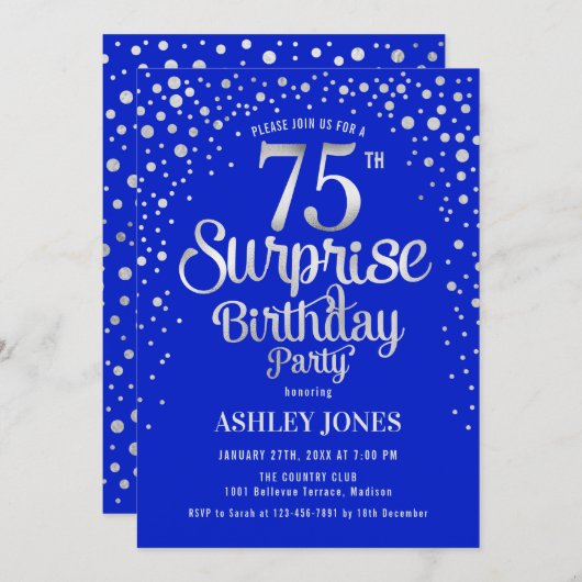 Surprise 75th Birthday Party - Silver & Royal Blue 招待状 (正面/裏面)