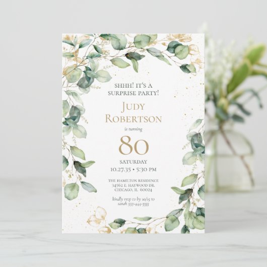 Surprise 80th Birthday Eucalyptus Card Request 招待状 (スタンド正面)