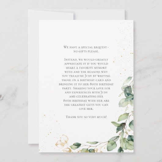 Surprise 80th Birthday Eucalyptus Card Request 招待状 (裏面)