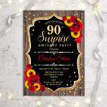 Surprise 90th Birthday - Rustic Sunflowers 招待状<br><div class="desc">Surprise 90th Birthday Invitation. Feminine rustic black,  white,  red design with faux glitter gold. Features wood pattern,  red roses,  sunflowers,  script font and confetti. Perfect for an elegant birthday party. Can be personalized to show any age. Message me if you need further customization.</div>