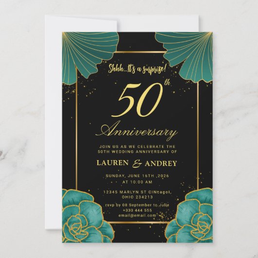Surprise Black & Gold 50th Wedding Anniversary 招待状 (正面)