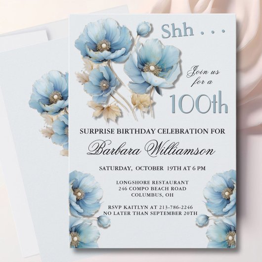 SURPRISE Elegant Blue Floral 100th Birthday 招待状