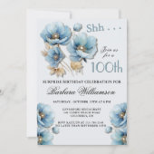 SURPRISE Elegant Blue Floral 100th Birthday 招待状 (正面)