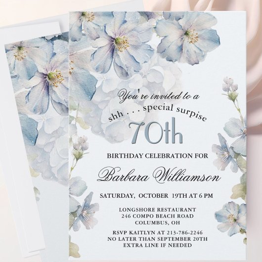 SURPRISE Elegant Blue Floral 70th Birthday  招待状