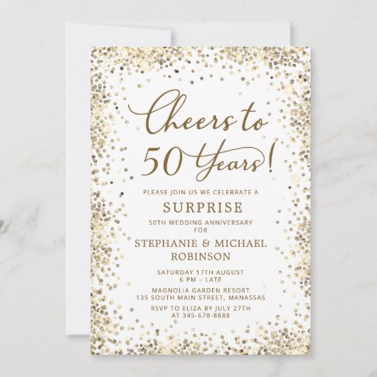Surprise Gold Glitter 50th Wedding Anniversary 招待状 (正面)