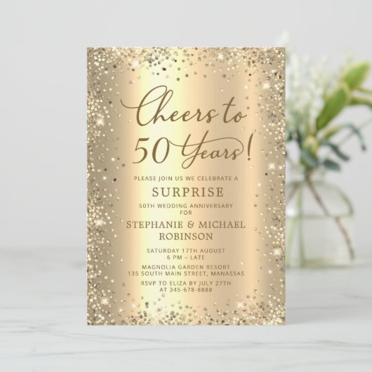 Surprise Gold Glitter 50th Wedding Anniversary 招待状 (スタンド正面)