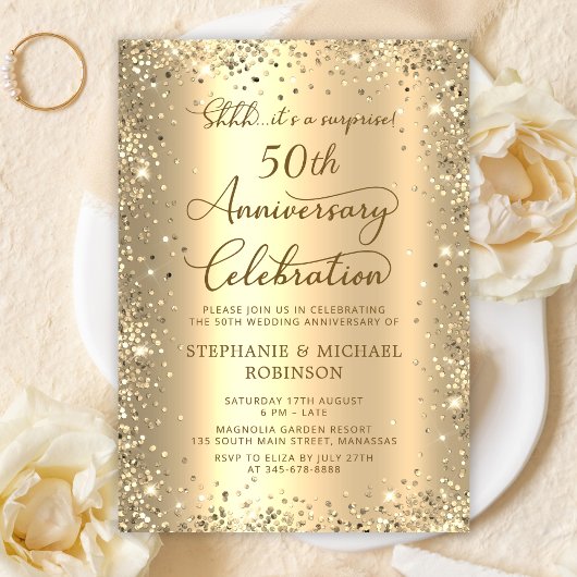 Surprise Gold Glitter 50th Wedding Anniversary 招待状
