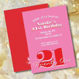 SURPRISE! Modern Pink Red Minimalist 21st Birthday 招待状