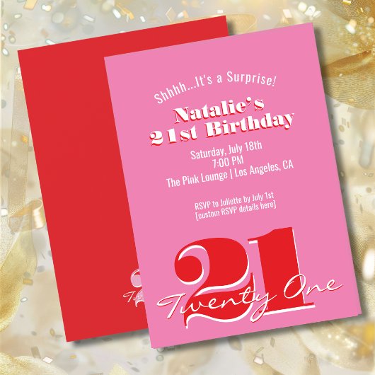SURPRISE! Modern Pink Red Minimalist 21st Birthday 招待状