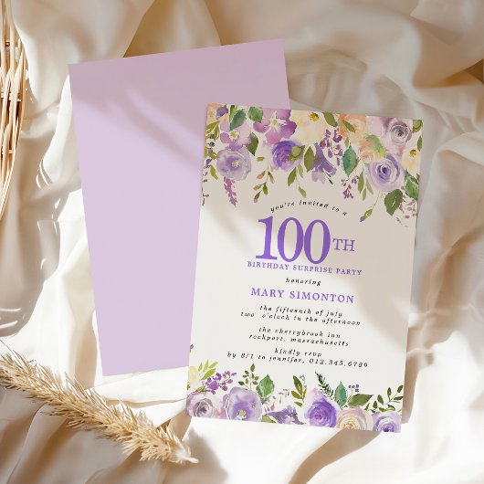 SURPRISE PARTY 100th Birthday Pretty Purple Floral 招待状