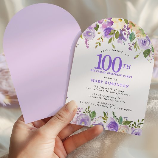 SURPRISE PARTY 100th Birthday Purple Floral Arch 招待状
