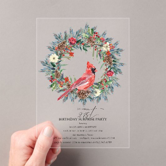 SURPRISE PARTY 21st Birthday Cardinal Wreath アクリル招待状 (インサイチュ (ポータブル))