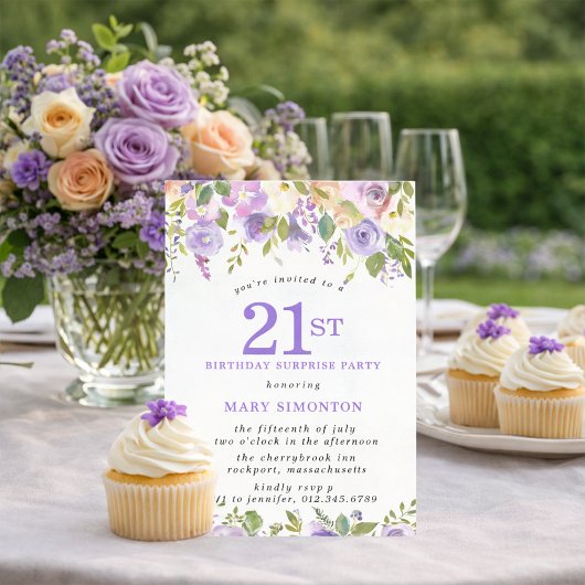 SURPRISE PARTY 21st Birthday Pretty Purple Floral 招待状