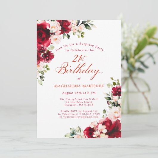 SURPRISE PARTY 21st Birthday Red Pink Floral 招待状 (スタンド正面)