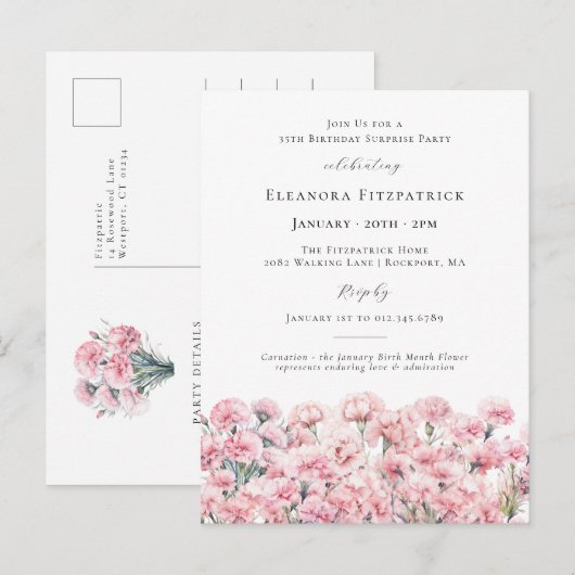 SURPRISE PARTY 35th Birthday January Birth Flower インビテーションポストカード (正面/裏面)