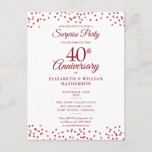 Surprise Party 40th Wedding Anniversary Ruby Heart ポストカード (正面)