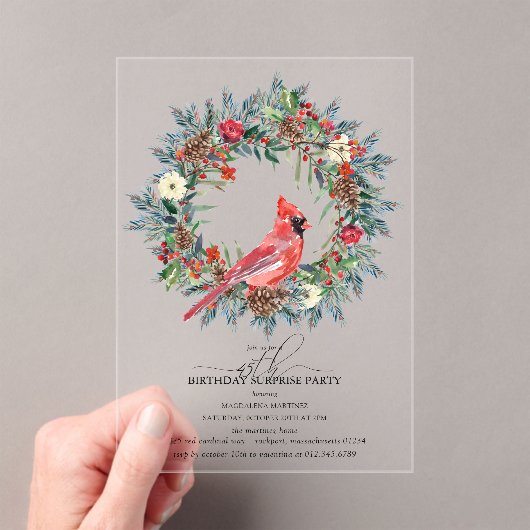SURPRISE PARTY 45th Birthday Cardinal Wreath アクリル招待状 (インサイチュ (ポータブル))
