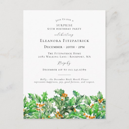 SURPRISE PARTY 65th Birthday December Birth Flower インビテーションポストカード (正面)