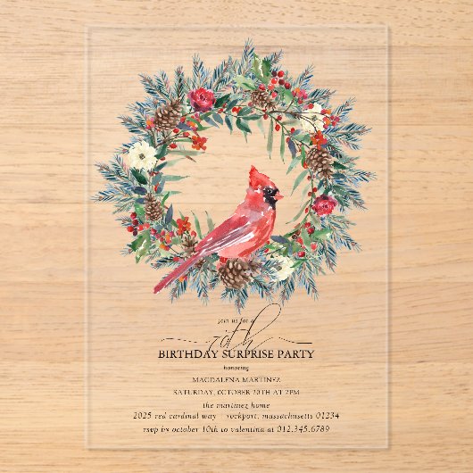 SURPRISE PARTY 70th Birthday Cardinal Wreath アクリル招待状 (正面)