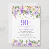 SURPRISE PARTY 90th Birthday Pretty Purple Floral 招待状 (正面)