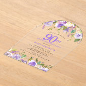 SURPRISE PARTY 90th Birthday Purple Floral Clear アクリル招待状 (レイダウン)
