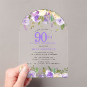 SURPRISE PARTY 90th Birthday Purple Floral Clear アクリル招待状 (インサイチュ (ポータブル))