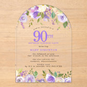 SURPRISE PARTY 90th Birthday Purple Floral Clear アクリル招待状 (正面)