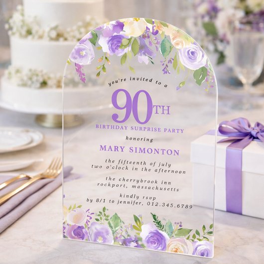 SURPRISE PARTY 90th Birthday Purple Floral Clear アクリル招待状