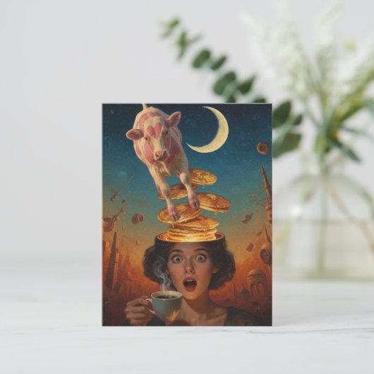 Surprised Breakfast Pancakes Coffee Pink Cow ポストカード (スタンド正面)