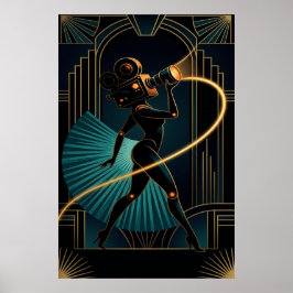 Surreal Art Deco Camera Woman Gold Silhouette ポスター