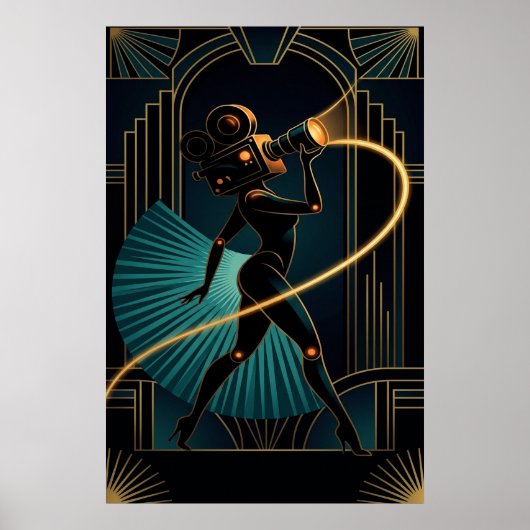 Surreal Art Deco Camera Woman Gold Silhouette ポスター (正面)