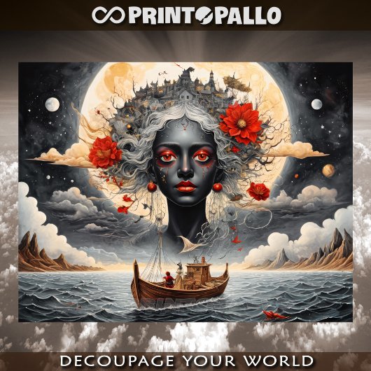 Surreal black woman dreaming of sea and moon 薄葉紙