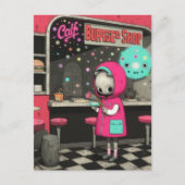 Surreal Burger Shop Cat in a Pink Jacket ポストカード (正面)