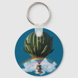 Surreal Cat Hot Air Balloon with Cactus & Rainbow キーホルダー