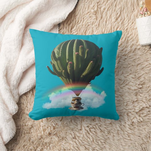 Surreal Cat Hot Air Balloon with Cactus & Rainbow クッション (ブランケット)