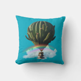 Surreal Cat Hot Air Balloon with Cactus & Rainbow クッション