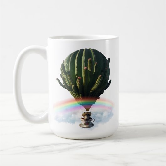 Surreal Cat Hot Air Balloon with Cactus & Rainbow コーヒーマグカップ (左)
