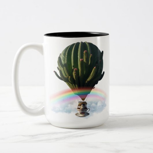 Surreal Cat Hot Air Balloon with Cactus & Rainbow ツートーンマグカップ (左)