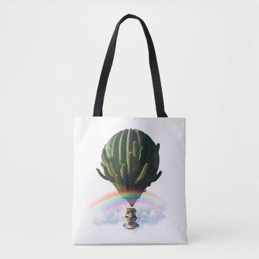 Surreal Cat Hot Air Balloon with Cactus & Rainbow トートバッグ (正面)